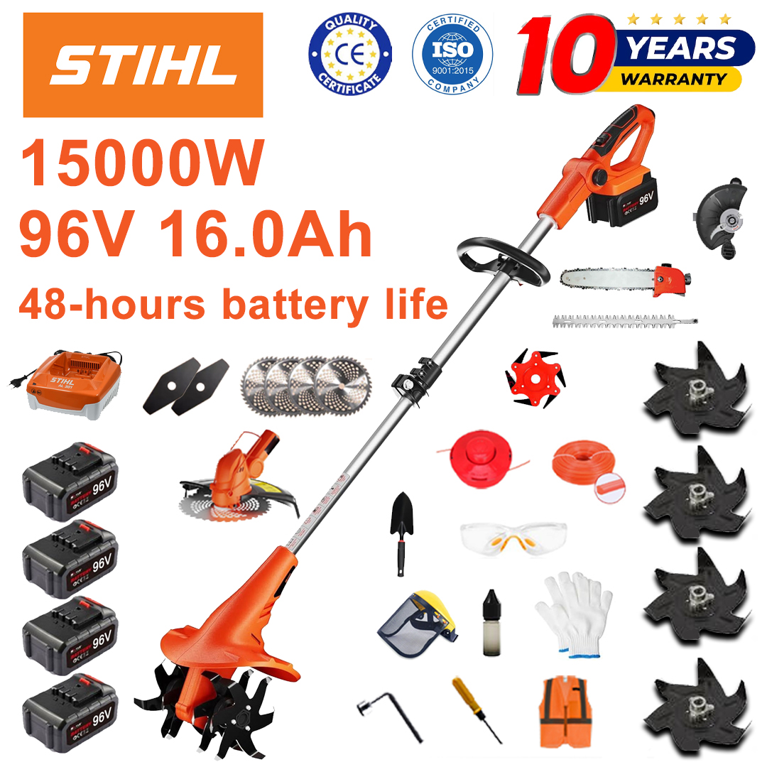 (Trajanje baterije 48 sati) Plug od 15000 W + litijeva baterija 96 V 16,0 Ah * 4 + glava trimera * 1 + pila * 1 + glava škara za živicu * 1 + brzi punjač * 1 + lopata * 1 + ravna oštrica * 2 + oštrica pluga * 4 + aluminijska oštrica pile * 1 + oštrica za rezanje * 1 + uže za rezanje * 1 + razni pribor